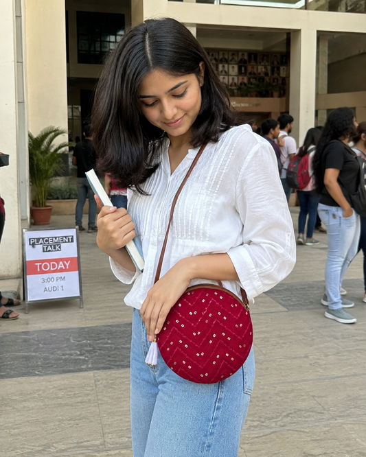 Pink Bandhani Zigzag - Cute Round Sling bag