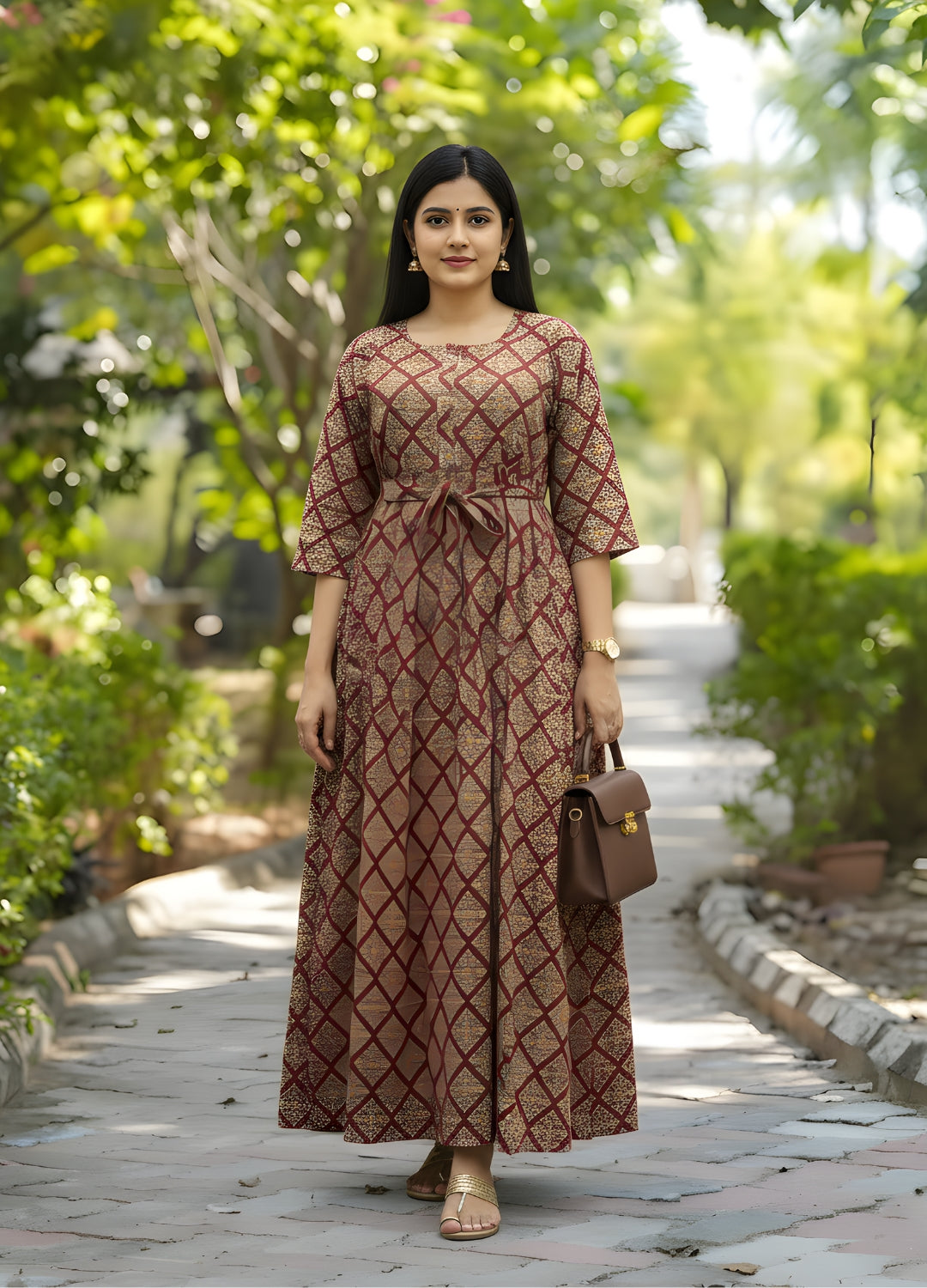 Dessert Flower - Red - Maternity Kurti with Feeding Zips - Cotton Flex - Thicker Fabric