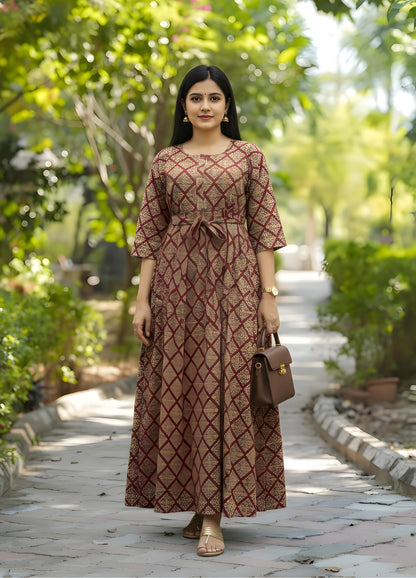 Dessert Flower - Red - Maternity Kurti with Feeding Zips - Cotton Flex - Thicker Fabric