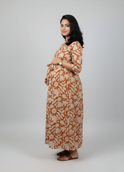 Leafy Stripes - Orange - Maternity Kurti with Feeding Zips - Soft Rayon