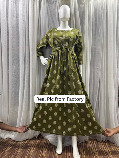 Rustic Flower - Green - Maternity Dress with Feeding Zips - Pure Cotton