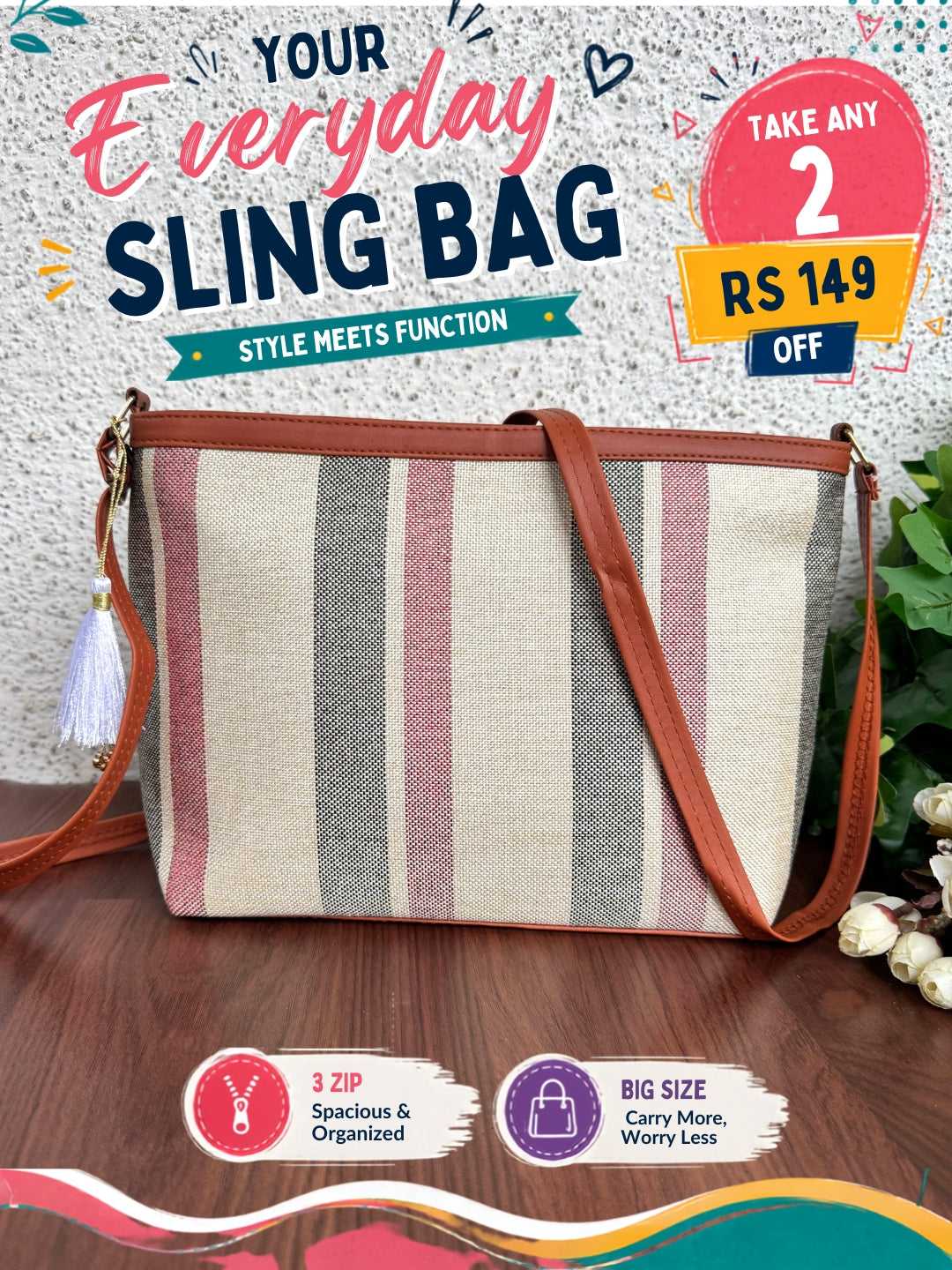 Minsk - 3 zip- Big size - Sling Bag - Stripes Pink