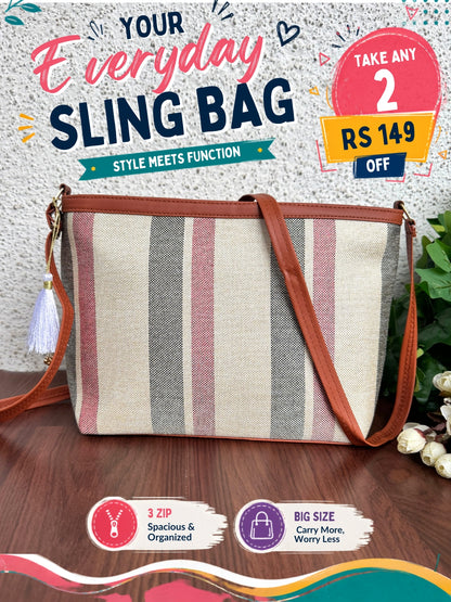 Minsk - 3 zip- Big size - Sling Bag - Stripes Pink
