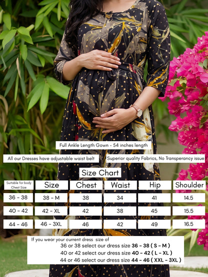 Nerium Flower - Black - Maternity Kurti with Feeding Zips - Soft Rayon