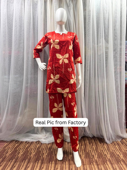 Red Motif Flower - Cord Set - Pure Cotton