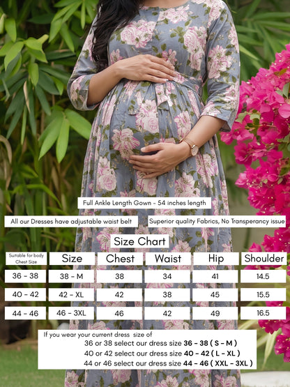 Exotic Flower - Sky Blue - Maternity Dress with Feeding Zips - Pure Cotton