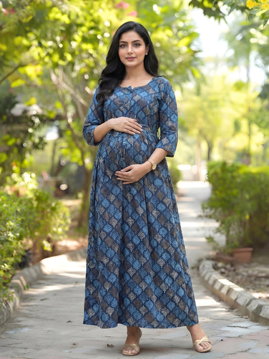 Blue & Sky Blue Shrub - Maternity Kurti with Feeding Zips - Soft Rayon