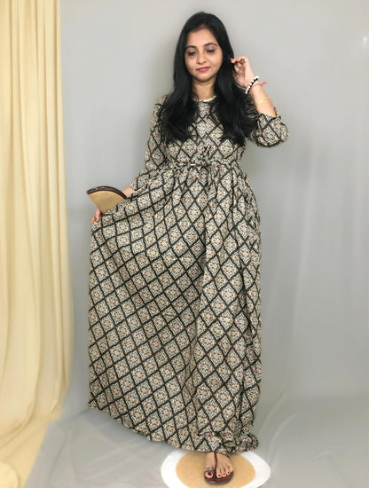 Brown Dessert Flower - Maternity Kurti with Feeding Zips - Cotton Flex - Thicker Fabric