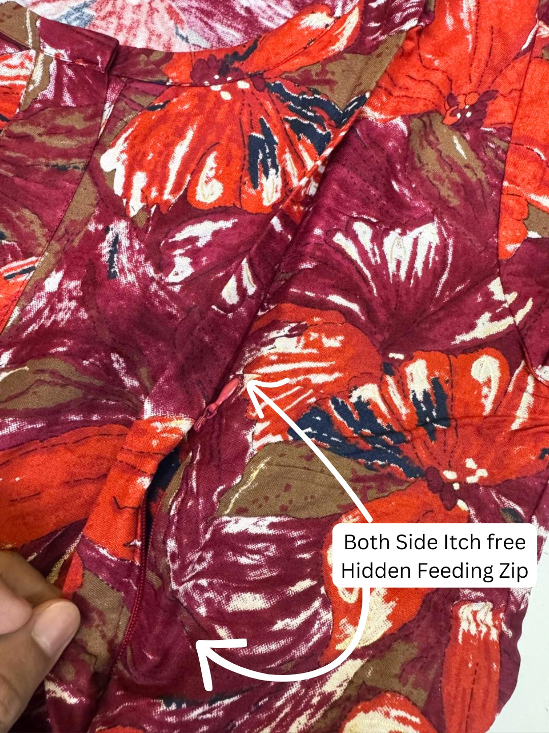 Floral - Wine - Maternity Kurti with Feeding Zips - Soft Rayon