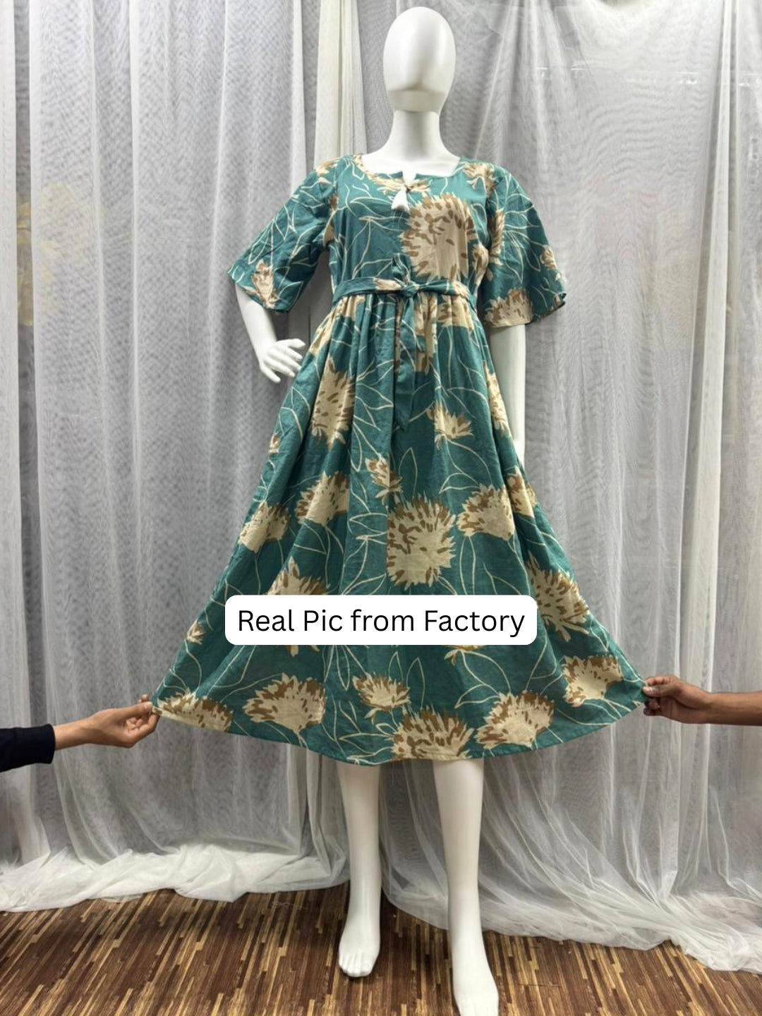 Turquoise Cream- Short Sleeves Midi Dress -  Pure Cotton