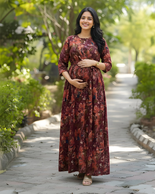 Floral - Wine - Maternity Kurti with Feeding Zips - Soft Rayon
