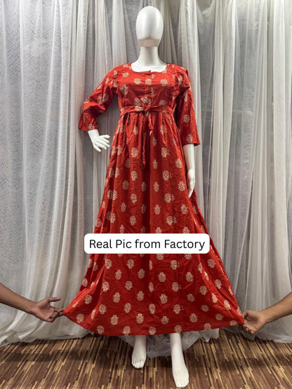 Rustic Flower - Red - Maternity Dress with Feeding Zips - Pure Cotton
