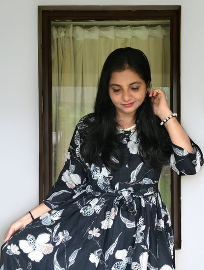 Flower & Leafs - Black - Maternity Kurti with Feeding Zips - Cotton Flex - Thicker Fabric