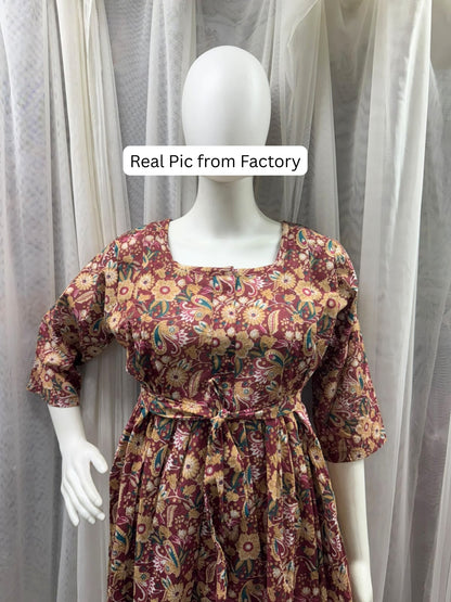 Gulmohar - Maroon - Maternity Dress with Feeding Zips - Pure Cotton