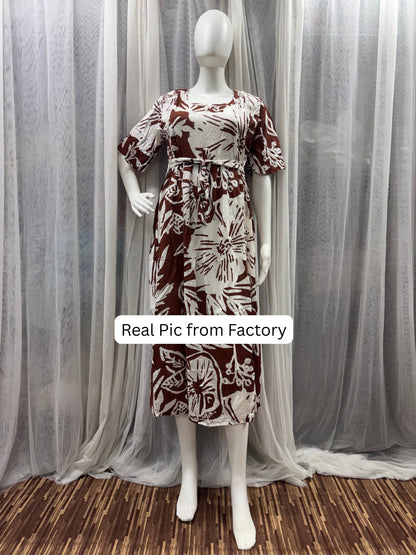 Hibiscus Brown - Knee Length Maternity Dress with Feeding Zips - Soft Rayon