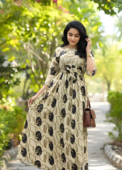 Off White Black Flower - Maternity Kurti with Feeding Zips - Soft Rayon