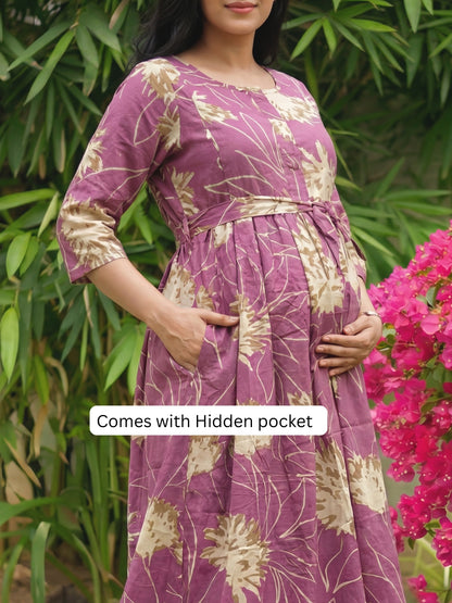 Pink Cream Flower - Maternity Kurti with Feeding Zips - Cotton Flex - Thicker Fabric