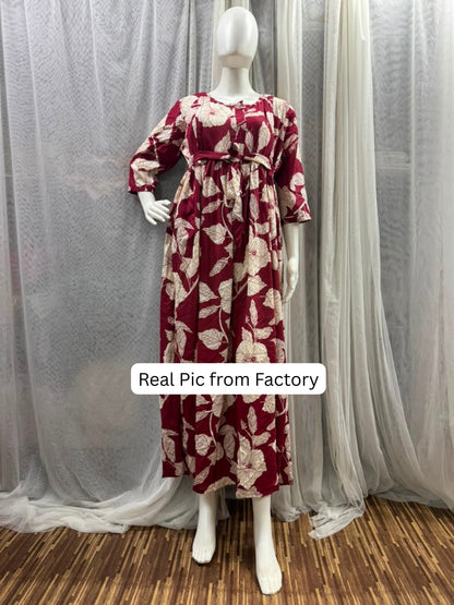 Hibiscus Maroon White - Maternity Dress with Feeding Zips - Soft Rayon