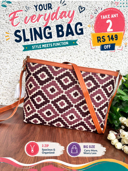 Minsk - 3 zip- Big size - Sling Bag - Dark Purple Squares