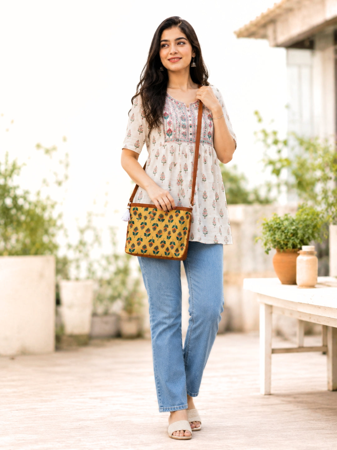 Minsk - 3 zip- Big size - Sling Bag - Yellow Green Flower