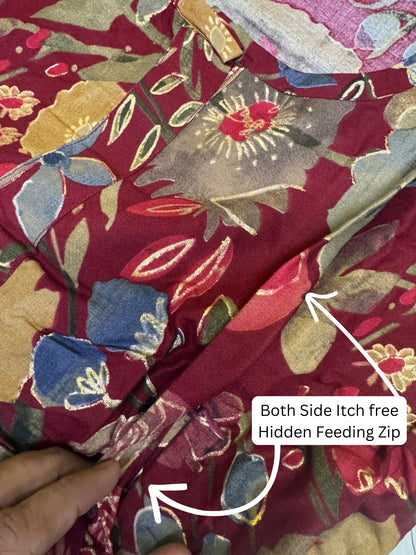 Maroon Grey Flower - Maternity Kurti with Feeding Zips - Soft Rayon
