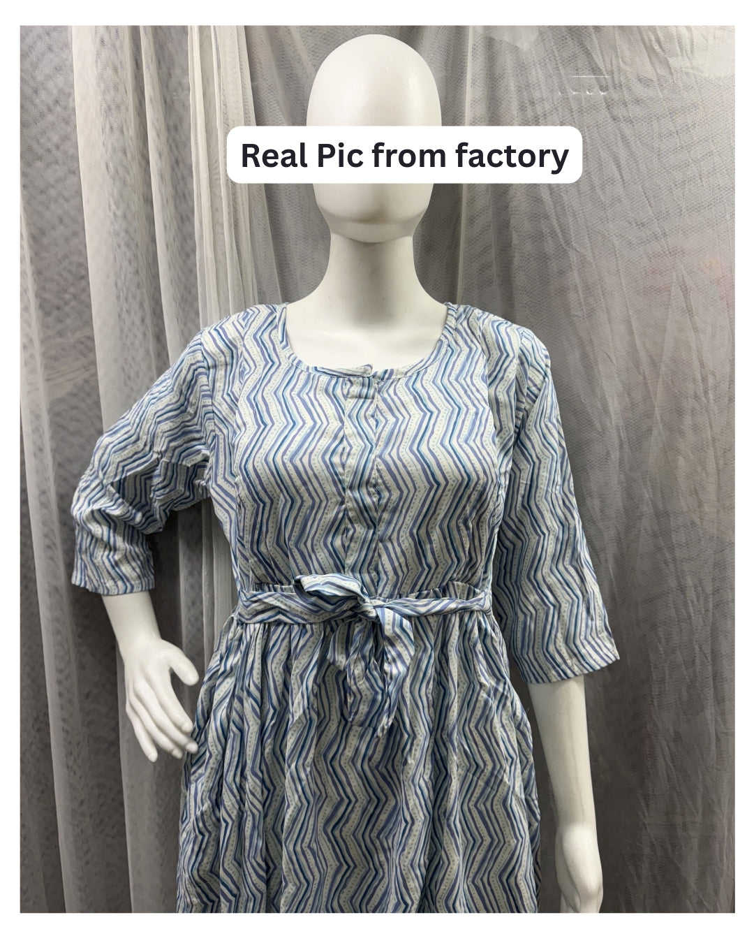 Sky Blue ZigZag - Maternity Kurti with Feeding Zips - Soft Rayon