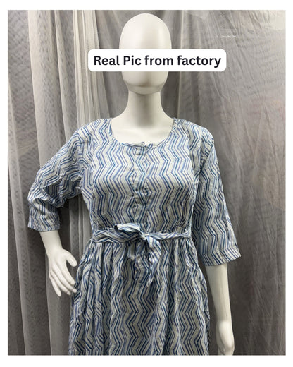 Sky Blue ZigZag - Maternity Kurti with Feeding Zips - Soft Rayon