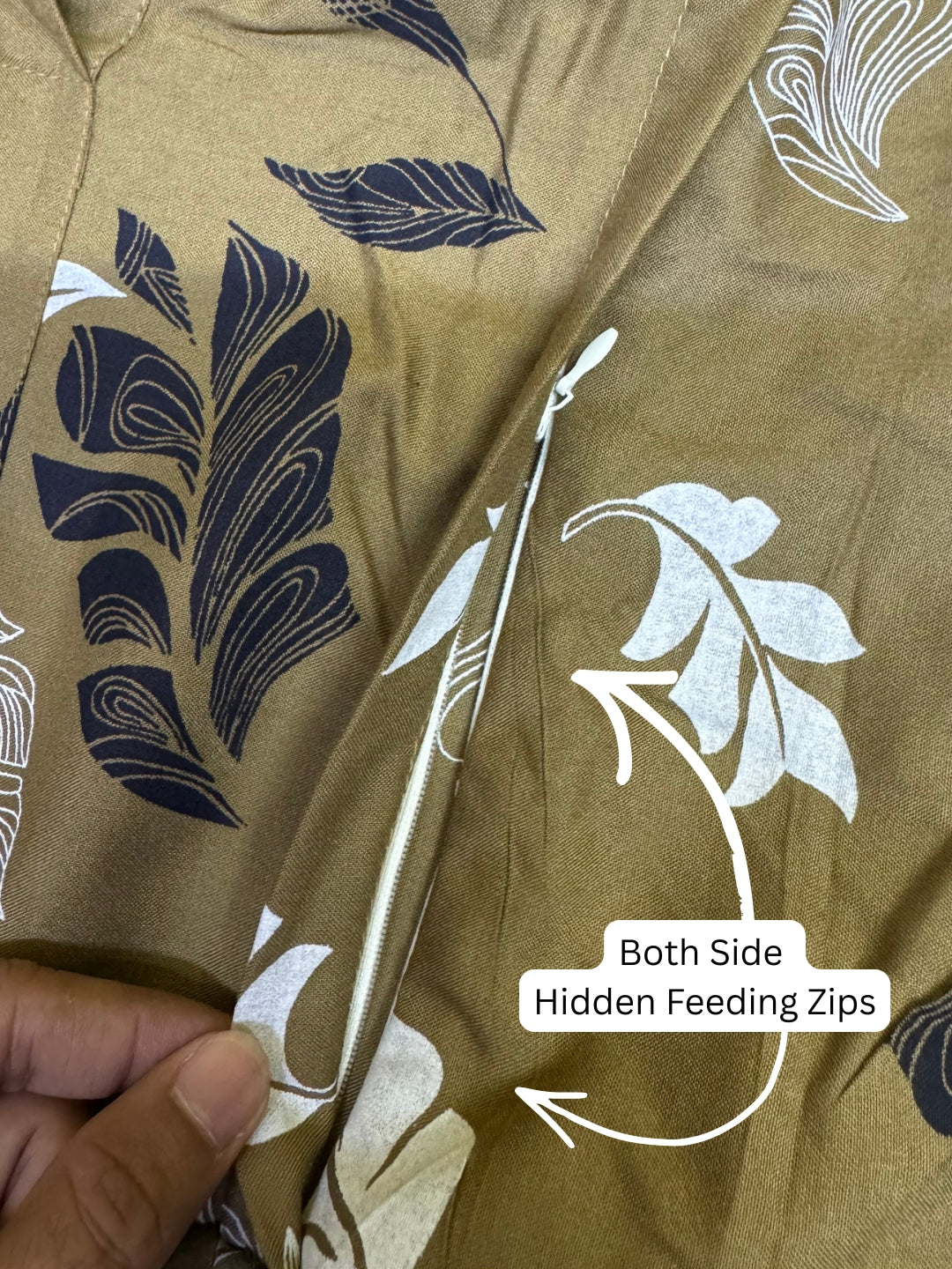 Brown White Leaf - Maternity Dress with Feeding Zips - Soft Rayon