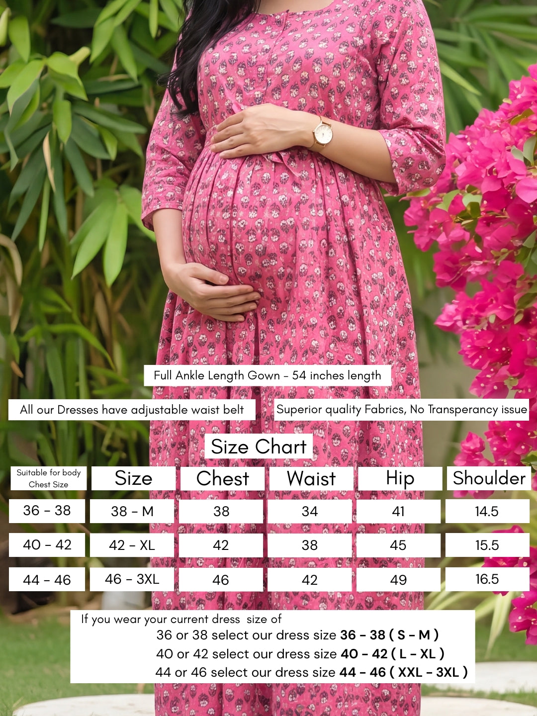 Pink Grey Flower - Maternity Dress with Feeding Zips - Pure Cotton