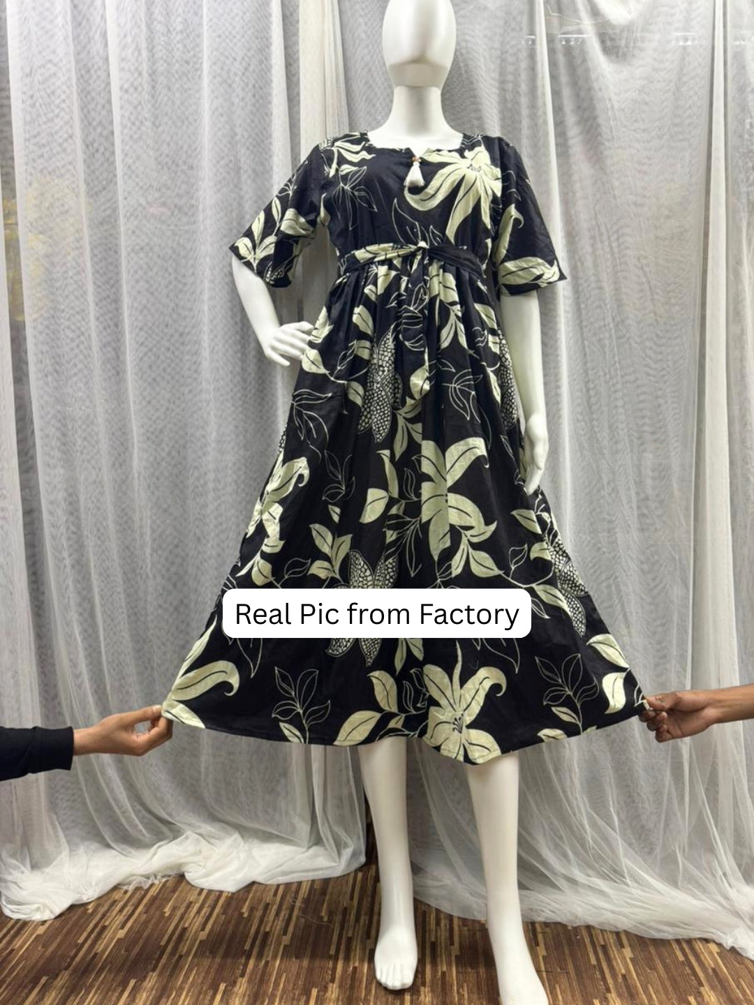 Lily Flower Black - Short Sleeves Midi Dress -  Pure Cotton