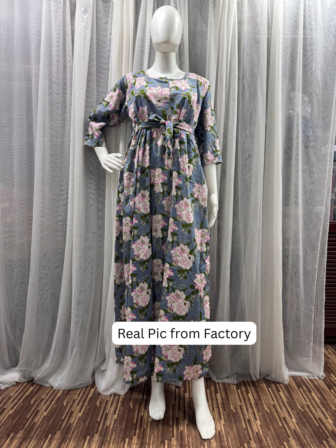 Exotic Flower - Sky Blue - Maternity Dress with Feeding Zips - Pure Cotton
