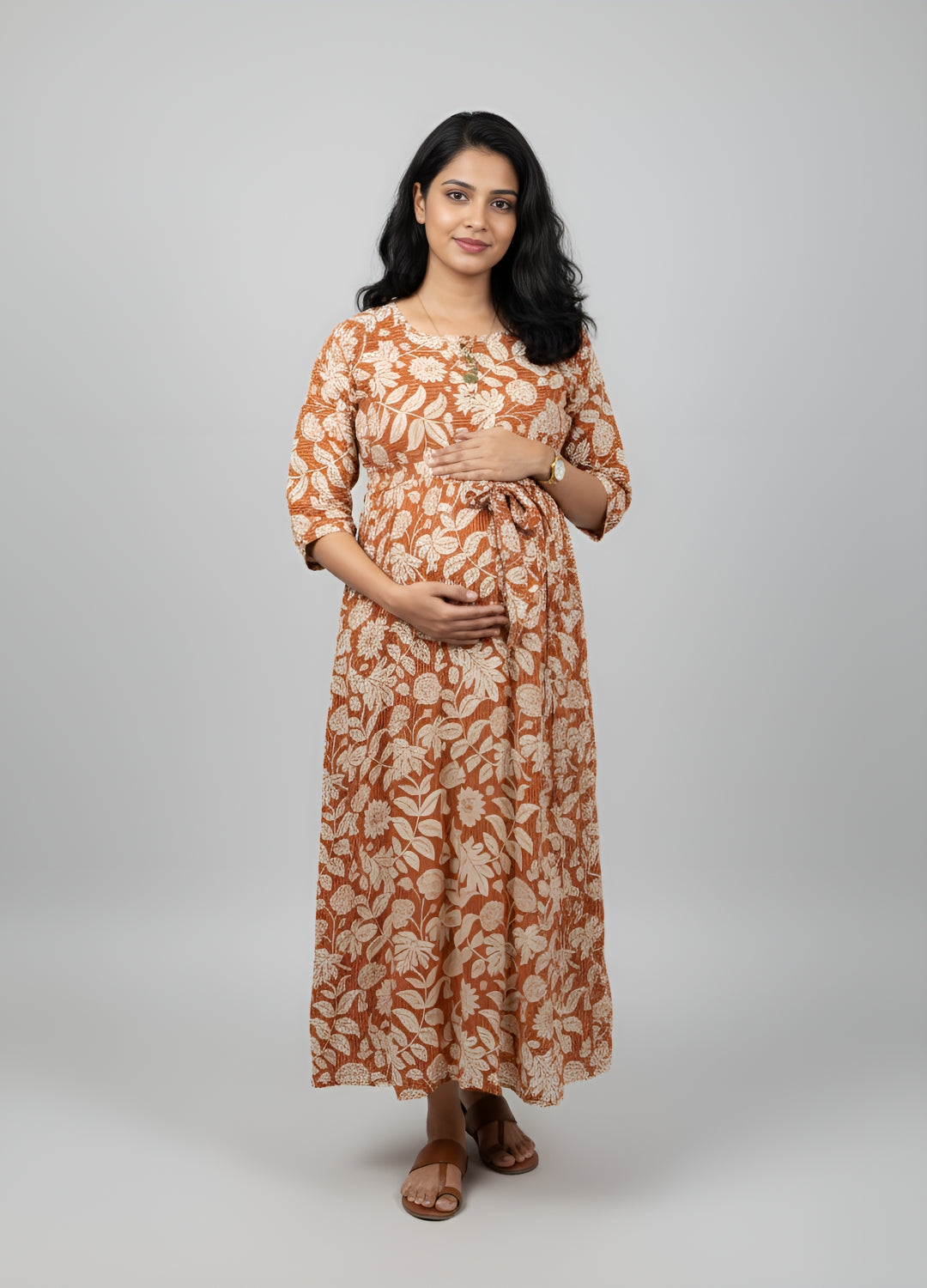 Leafy Stripes - Orange - Maternity Kurti with Feeding Zips - Soft Rayon