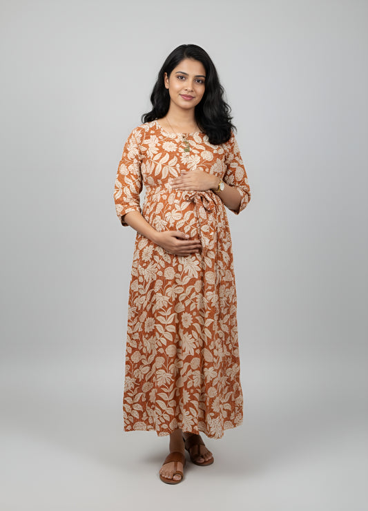 Leafy Stripes - Orange - Maternity Kurti with Feeding Zips - Soft Rayon