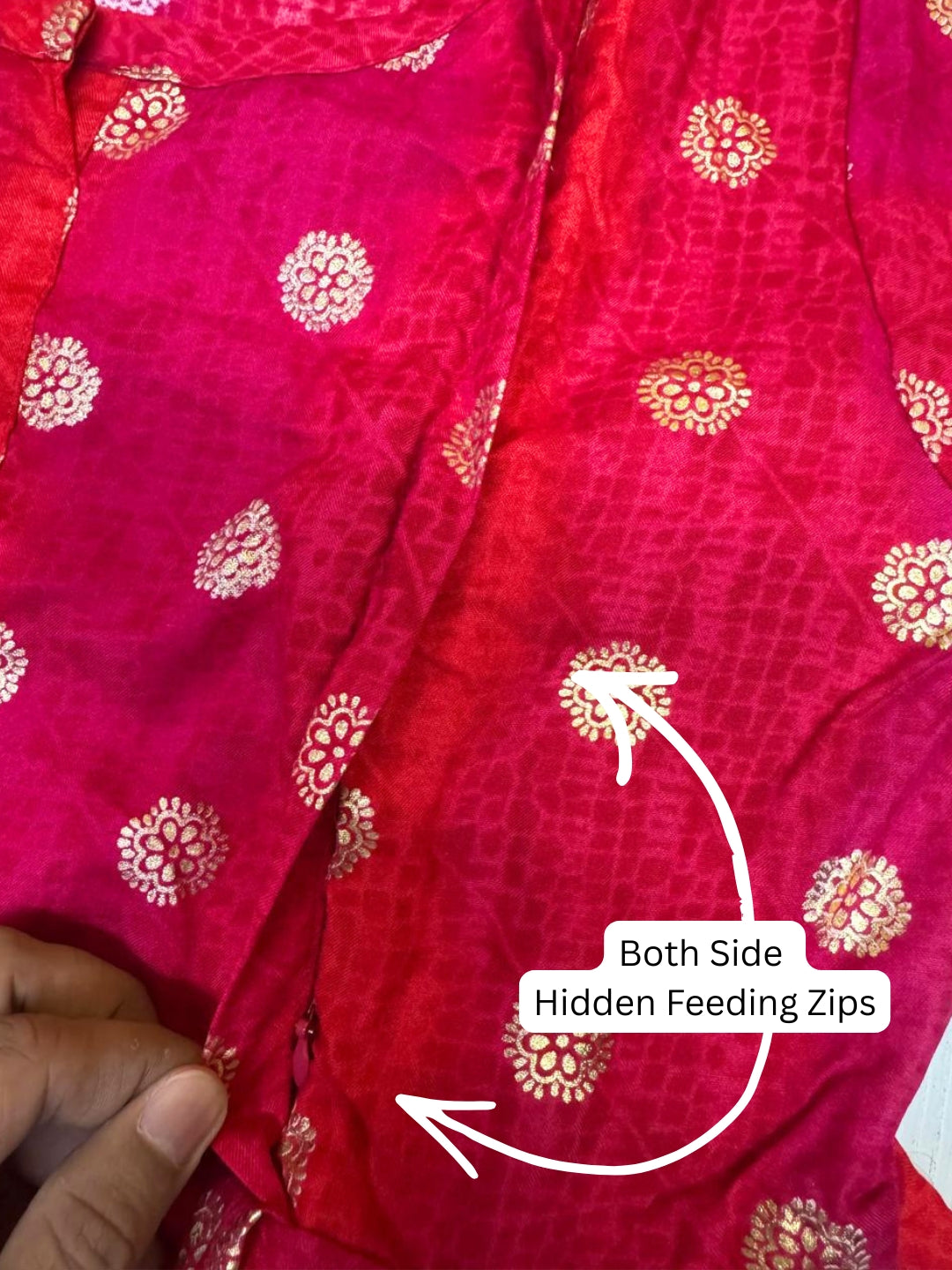 Gold Flower - Pink Red  - Maternity Kurti with Feeding Zips - Soft Rayon