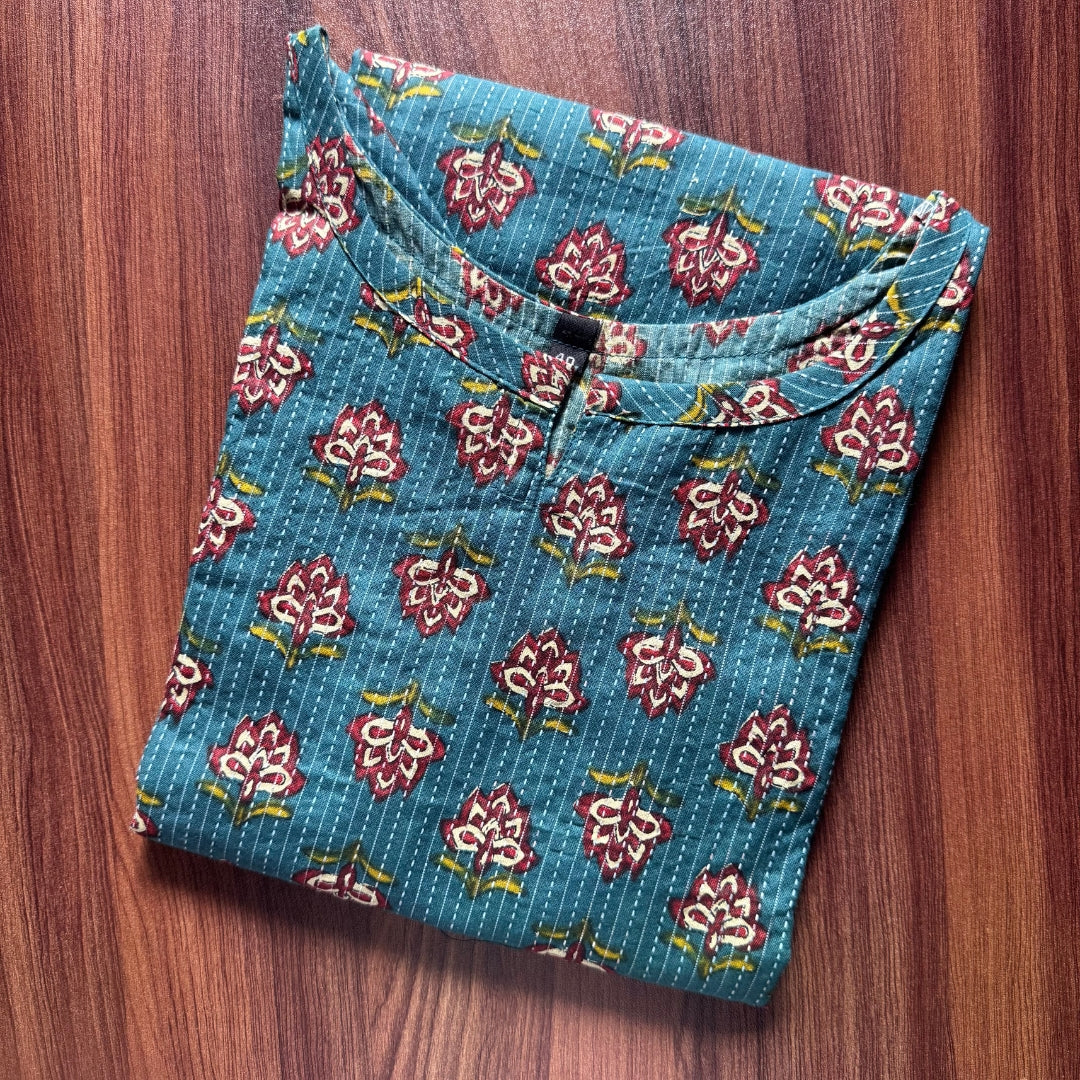 Katha Work - Green Brown Flower - Cord Set - Pure Cotton