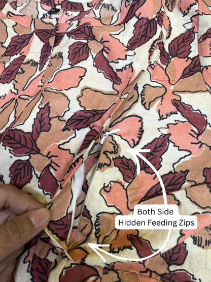 Pink Cream Leaf - Maternity Kurti with Feeding Zips - Cotton Flex - Thicker Fabric