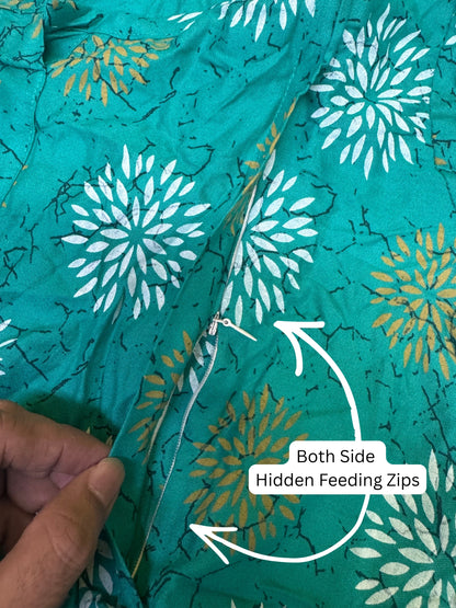 Marigold Rayon - Sea Green White - Maternity Kurti with Feeding Zips - Soft Rayon