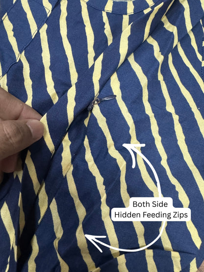 Stripes - Royal Blue - Maternity Kurti with Feeding Zips - Soft Rayon