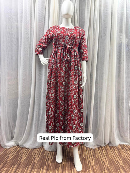 Maroon Forrest Print - Maternity Kurti with Feeding Zips - Cotton Flex - Thicker Fabric
