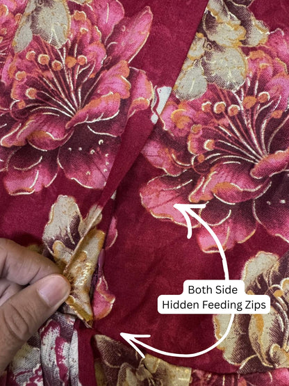 Gold & Cream Flower - Maroon - Maternity Kurti with Feeding Zips - Soft Rayon