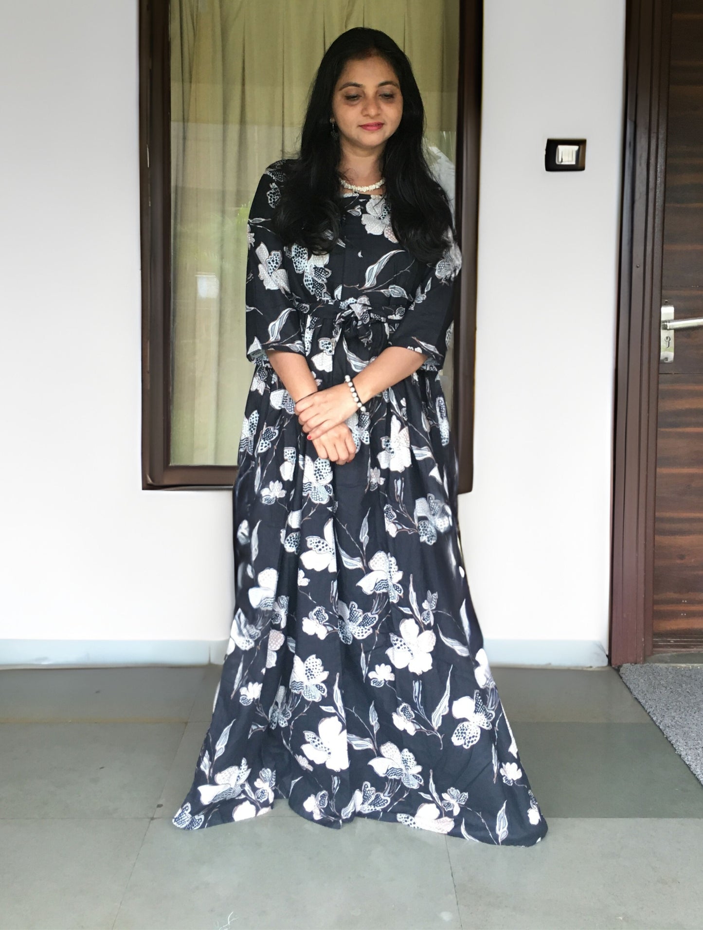 Flower & Leafs - Black - Maternity Kurti with Feeding Zips - Cotton Flex - Thicker Fabric