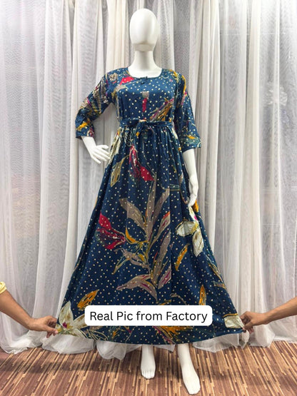 Nerium Flower - Blue - Maternity Kurti with Feeding Zips - Soft Rayon