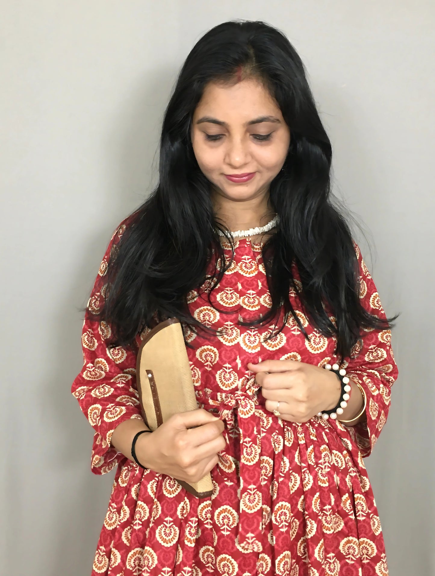 Sunflower - Red - Maternity Kurti with Feeding Zips - Cotton Flex - Thicker Fabric