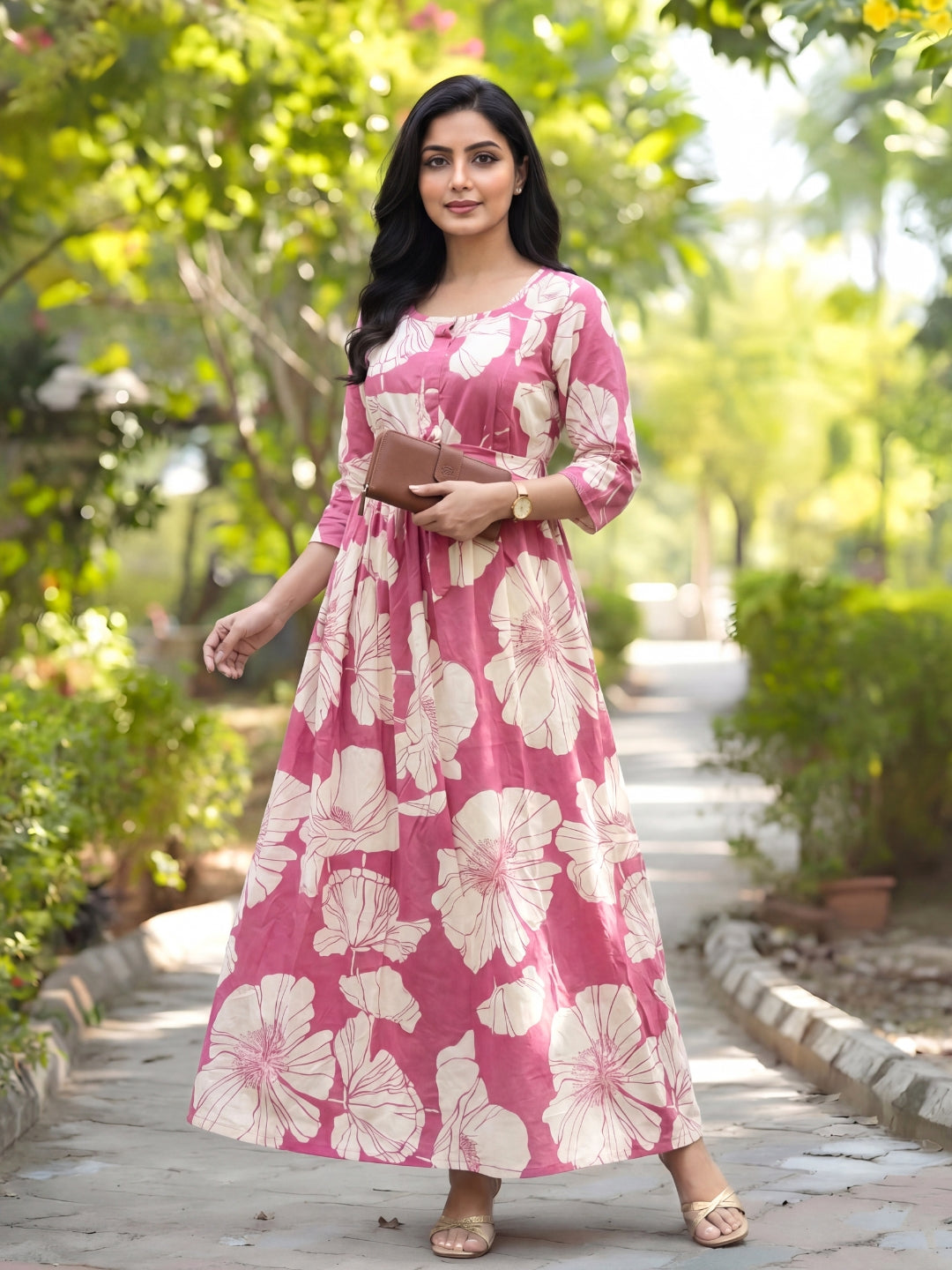 Baby Pink White Big Flower - Maternity Kurti with Feeding Zips - Soft Rayon