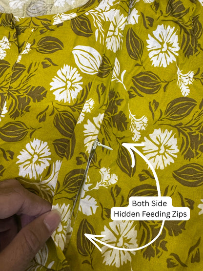 White Flower - Mustard - Maternity Kurti with Feeding Zips - Soft Rayon