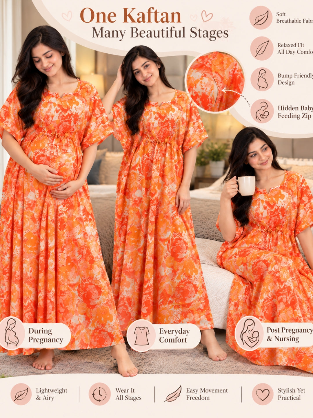 Kaftan - Tropical Sunset - Maternity  Feeding Zips - Free Size - Soft Rayon