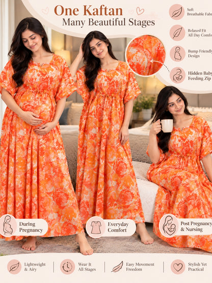 Kaftan - Tropical Sunset - Maternity  Feeding Zips - Free Size - Soft Rayon