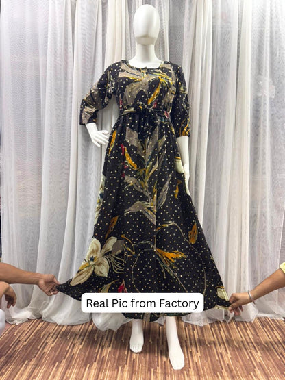 Nerium Flower - Black - Maternity Kurti with Feeding Zips - Soft Rayon