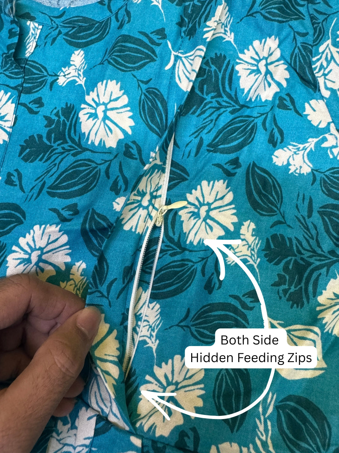 White Flower - Sea Blue - Maternity Kurti with Feeding Zips - Soft Rayon