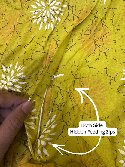 Marigold Rayon - Lemon White - Maternity Kurti with Feeding Zips - Soft Rayon